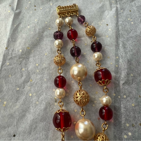 🔖Ben-Amun 24-karat Gold-plated Faux Pearl Ruby Bracelet Designer Red Purple - Picture 7 of 11
